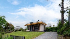 Une maison moderne avec une allée pavée menant à la porte d’entrée, entourée d’une végétation luxuriante et d’arbres.