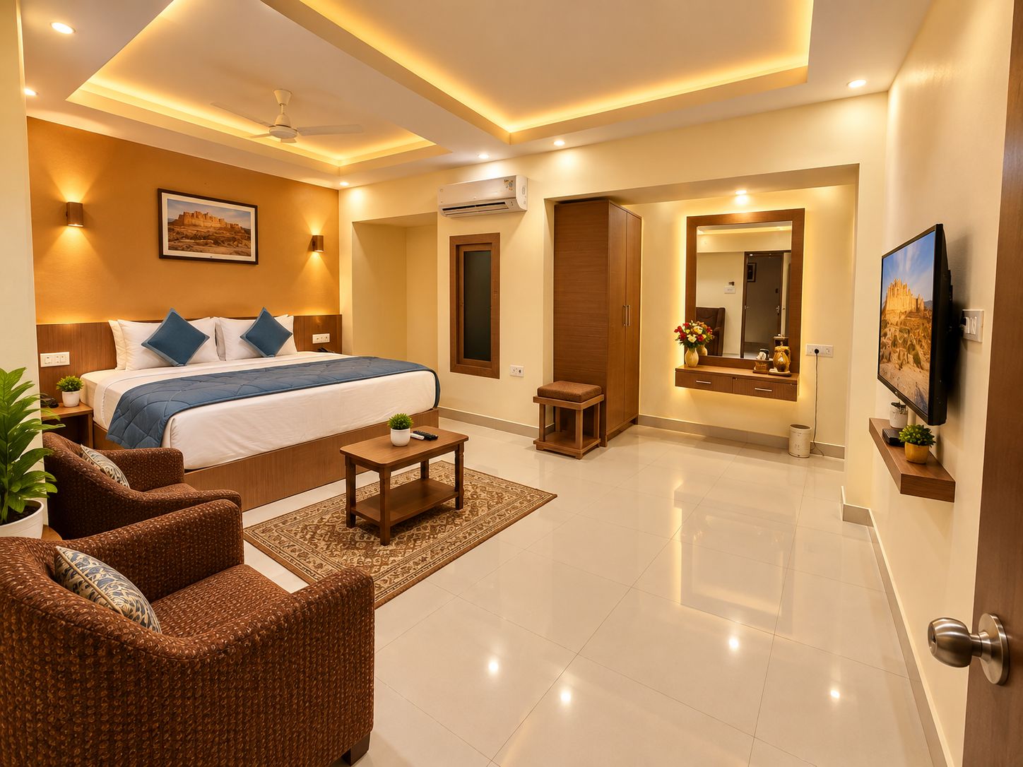 A modern hotel room with a large bed, a sitting area with a chair, a small table, and a TV.