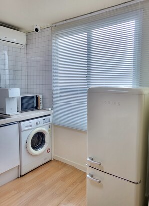 Mini-fridge, microwave