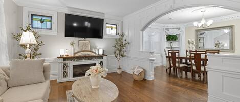 TV, fireplace, table football