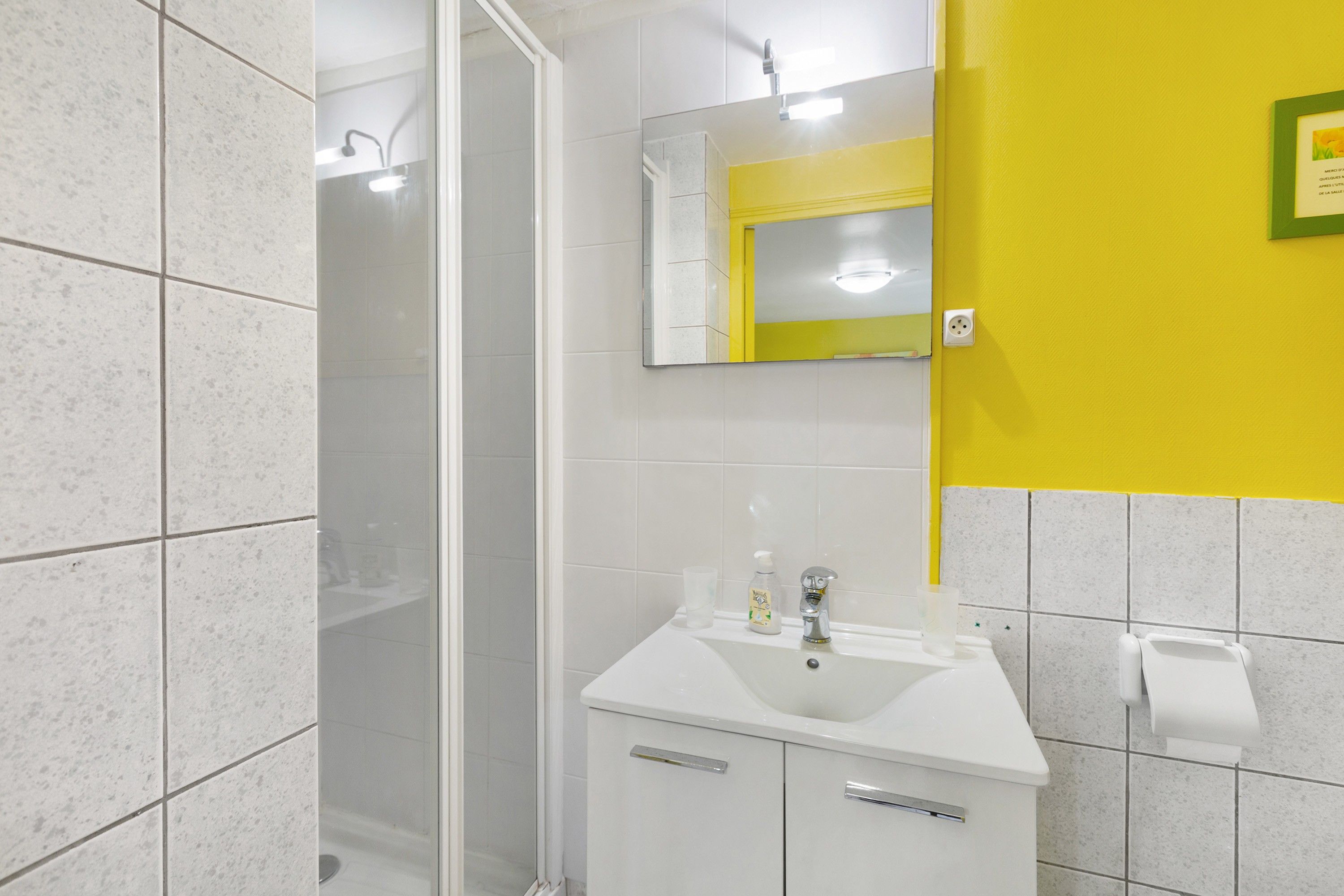Een badkamer met een douche, wastafel en spiegel.