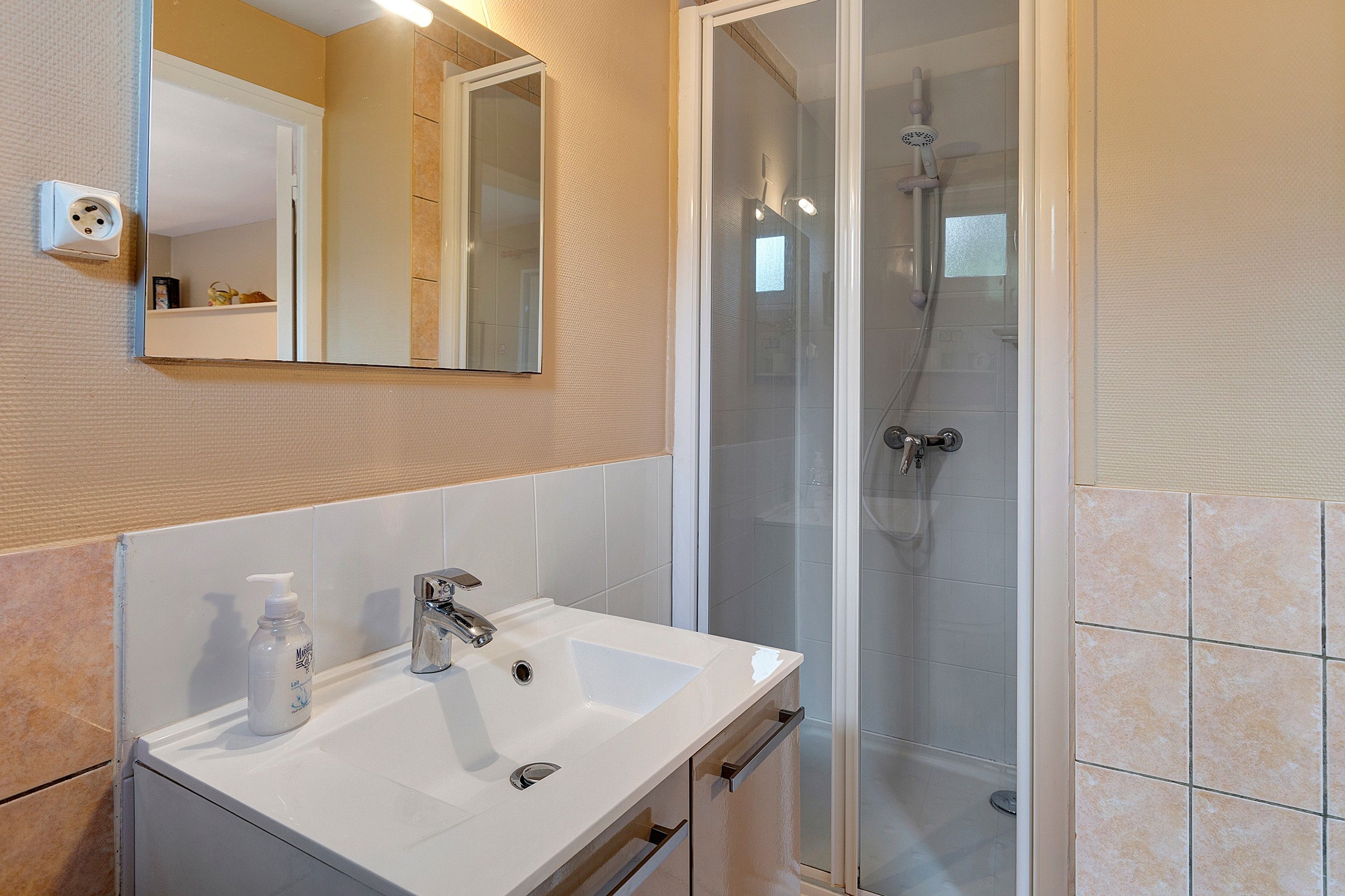 Une salle de bain avec un lavabo blanc, un miroir et une douche fermée par une paroi de verre.