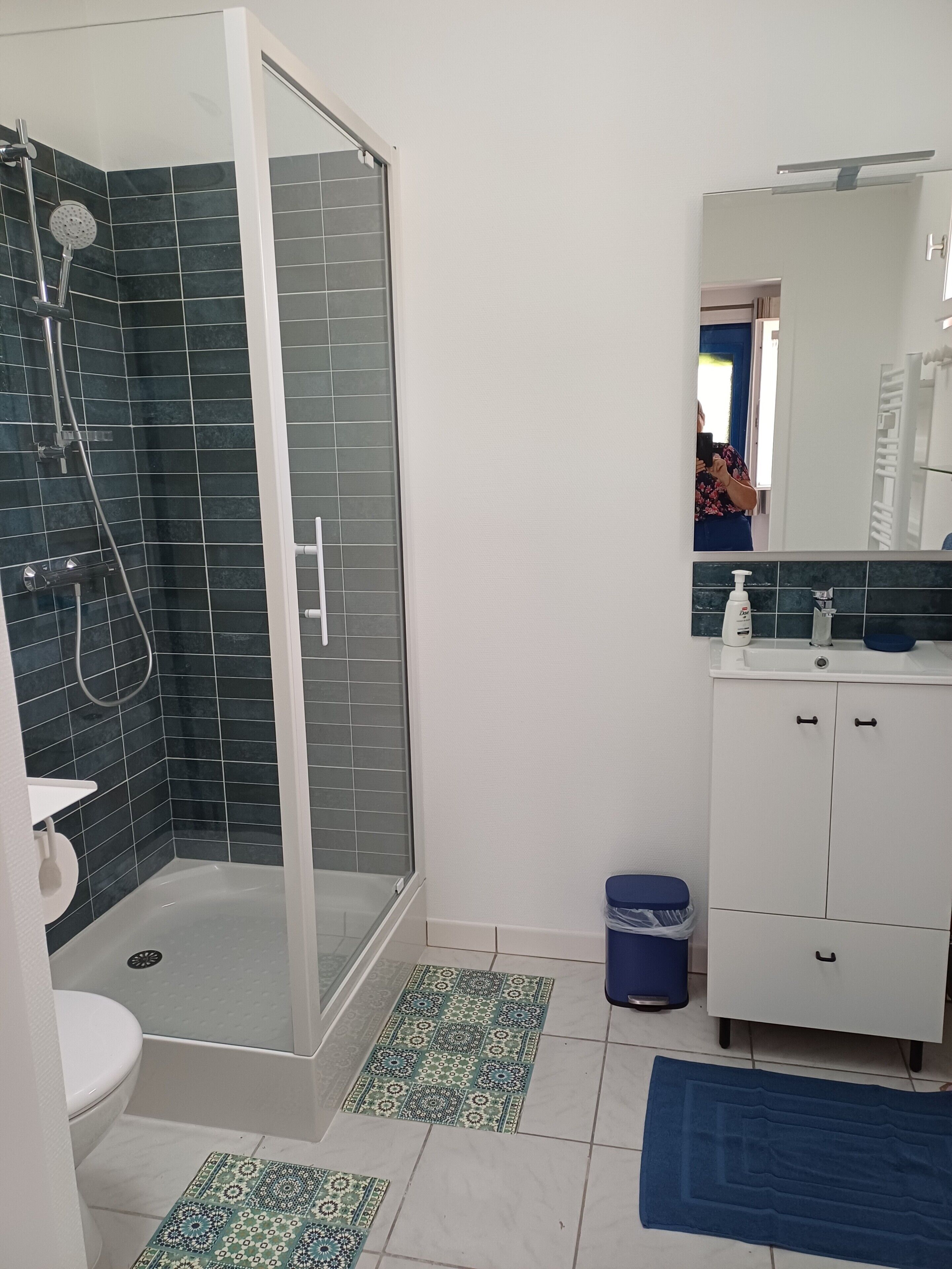 Une salle de bain avec une douche en verre, des toilettes, un lavabo avec un miroir et une poubelle bleue.