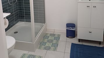 Une salle de bain avec une douche en verre, des toilettes, un lavabo avec un miroir et une poubelle bleue.