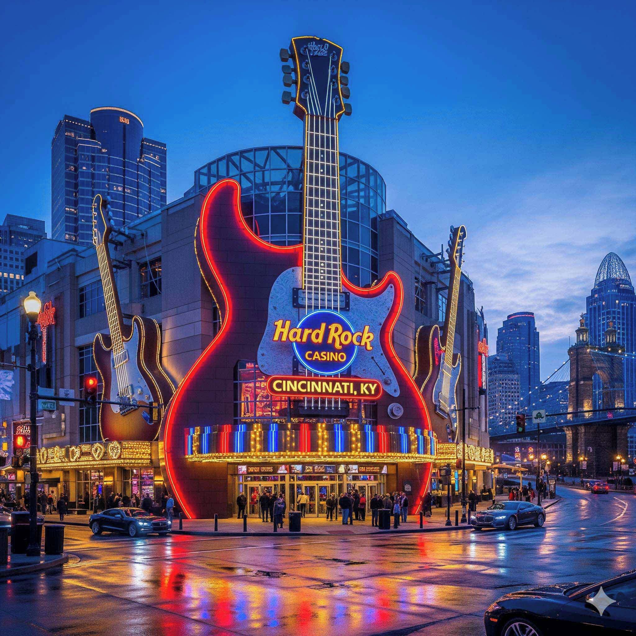 A building with a large guitar-shaped neon sign reading "Hard Rock Casino Cincinnati, KY".
