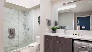 Shower, hair dryer, towels