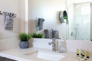 Shower, hair dryer, towels