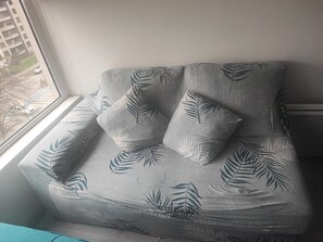 A grey sofa with leaf patterns, positioned near a window with a view of buildings and a car outside. - Edificio Stepke (Temuco)