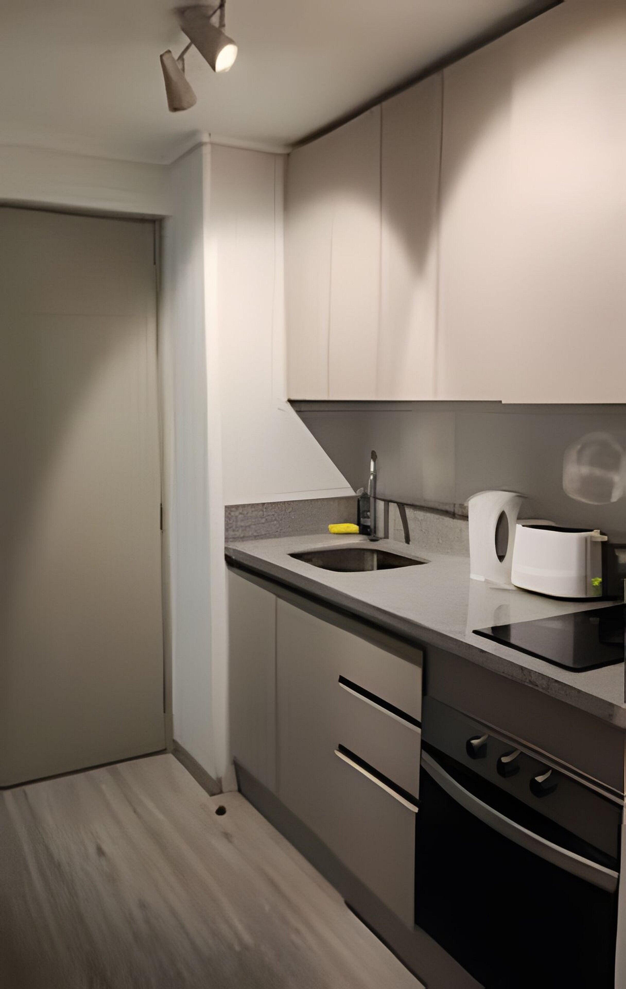 Cocina compacta con lavaplatos, tostadora y pileta.