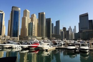 Uma marina com barcos atracados em frente a um horizonte urbano com edifícios altos.