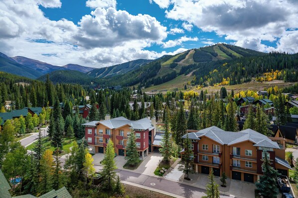 Un quartier résidentiel composé d’immeubles à plusieurs étages, entouré de forêts denses et de montagnes.
