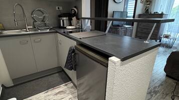 KĂŒhlschrank, Mikrowelle, Herdplatte, Wasserkocher mit Kaffee-/Teezubehör