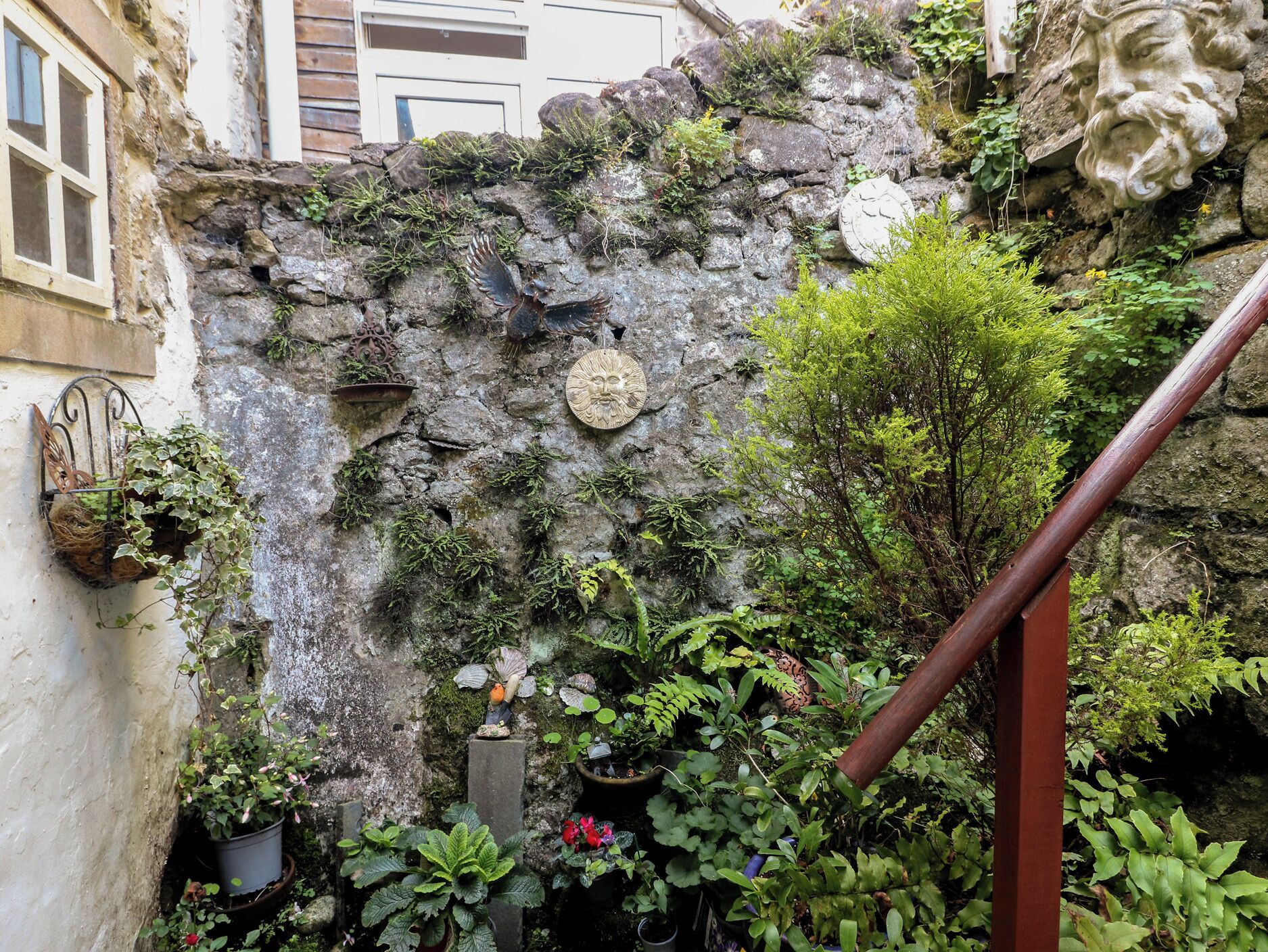 A stone wall with plants and a decorative plaque.