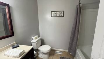Une salle de bain avec des toilettes, un lavabo et une douche.