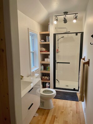 Hair dryer, towels, soap, toilet paper