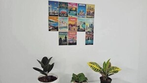 A wall with travel posters and three potted plants. - Blumint 307 Yelahanka & Blumint 308 (Bengaluru)