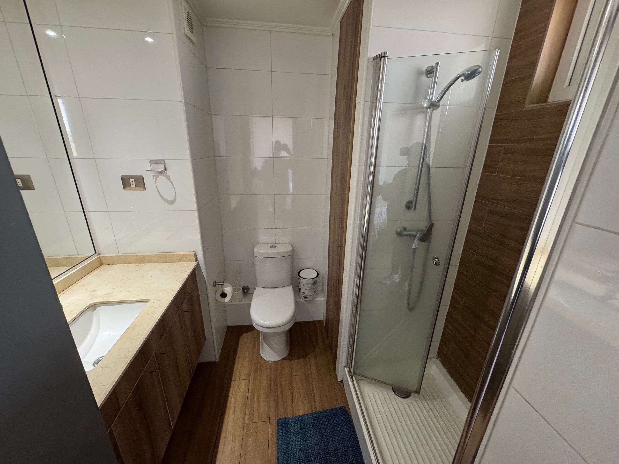 A modern bathroom with a glass-enclosed shower, a toilet, and a sink.