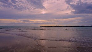 A beach with a distant shoreline and overcast sky.