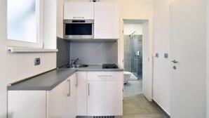 A compact kitchen with a built-in oven, a sink, and a small countertop. - Deluxe Apartments Ria (Zagreb)