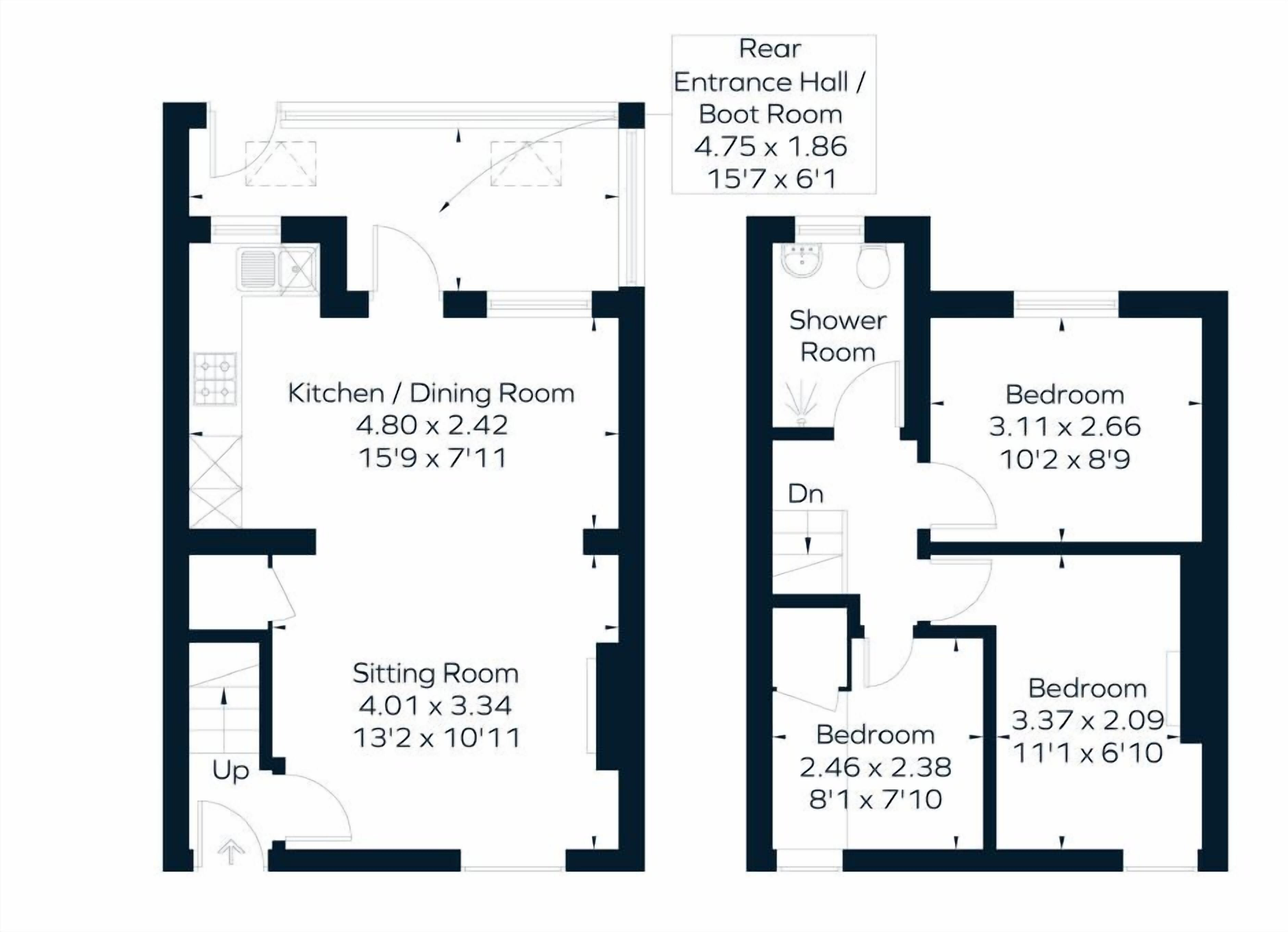 A floor plan of a hotel room with a sitting room, kitchen/dining room, two bedrooms, a shower room, and a rear entrance hall/boot room.