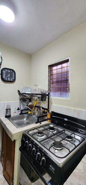 Fridge, oven, coffee/tea maker, toaster