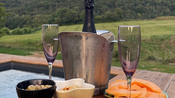 A wooden table with a bottle of champagne, two glasses, a bowl of nuts, a bowl of olives, sliced salami, and sliced cantaloupe on a deck overlooking a pool and lush greenery.