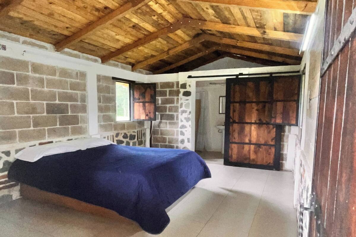 Un dormitorio con cama, techo de madera, pared de ladrillo y puerta que da a otra habitación.