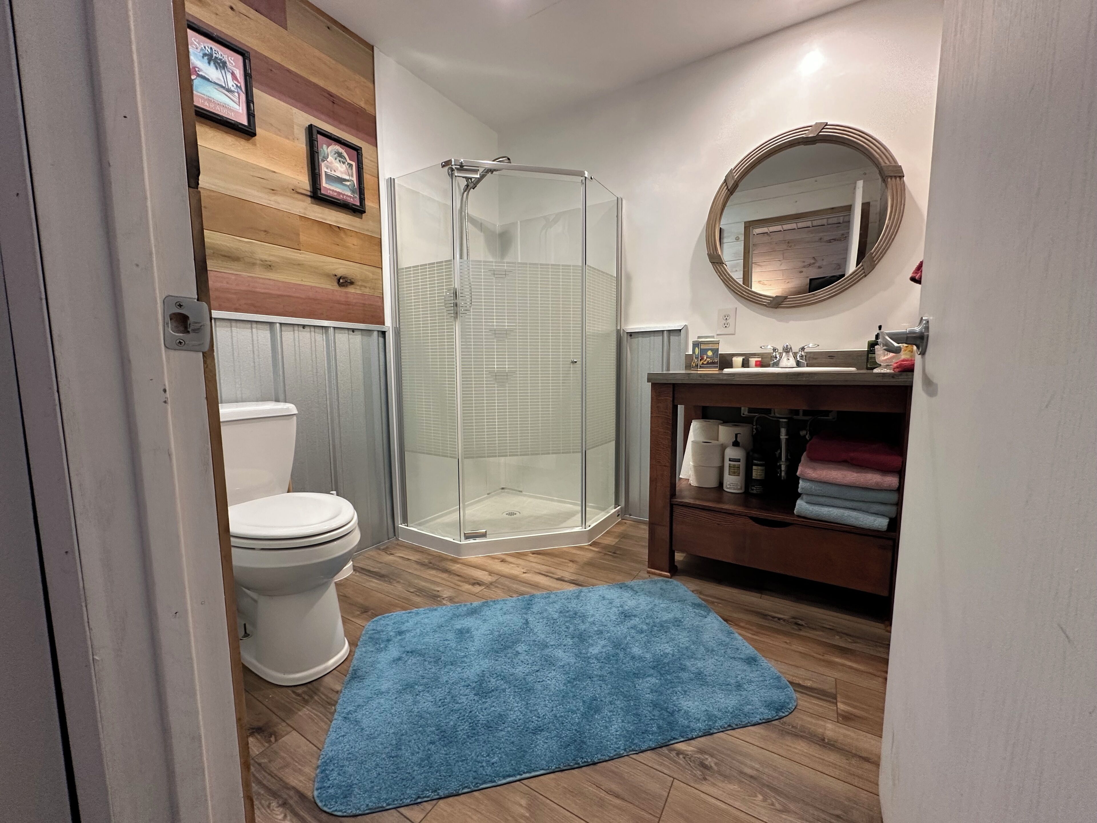 Hair dryer, towels, soap, toilet paper