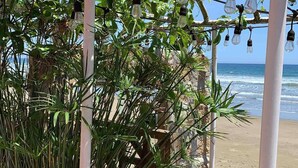 Una pérgola con luces colgantes, un portón de madera y abundante vegetación.