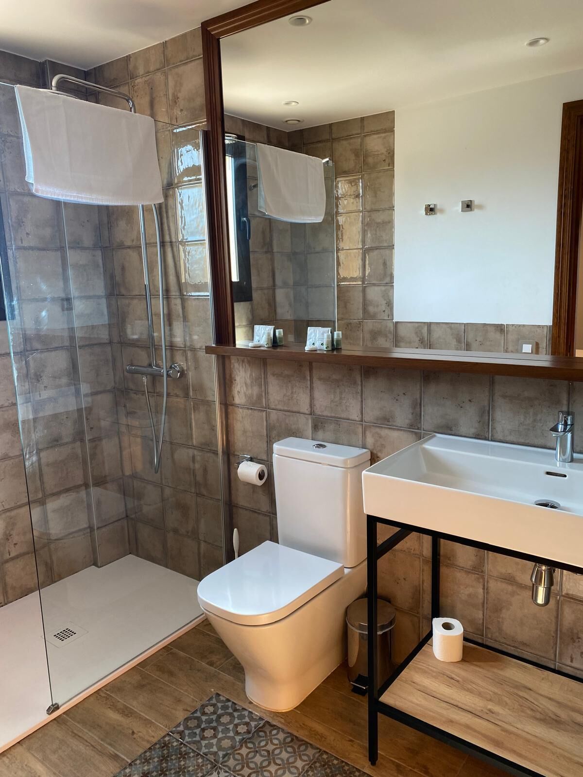 A modern bathroom with a glass-enclosed shower, a toilet, and a sink with a mirror above.