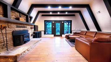 TV, fireplace, books