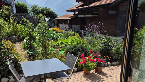 A patio with a table and chairs, surrounded by a garden with various plants and flowers. - Cozy vacation apartment - nature & relaxation (Aeschi bei Spiez)