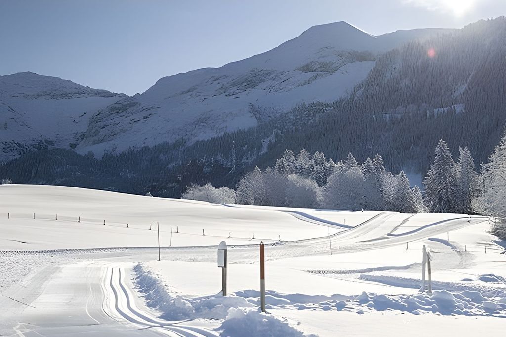 Paisagem coberta de neve com céu claro, uma montanha ao fundo e uma área cercada com motos de neve.