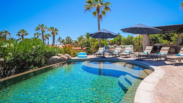 A pool area with lounge chairs and umbrellas, surrounded by palm trees and greenery.
