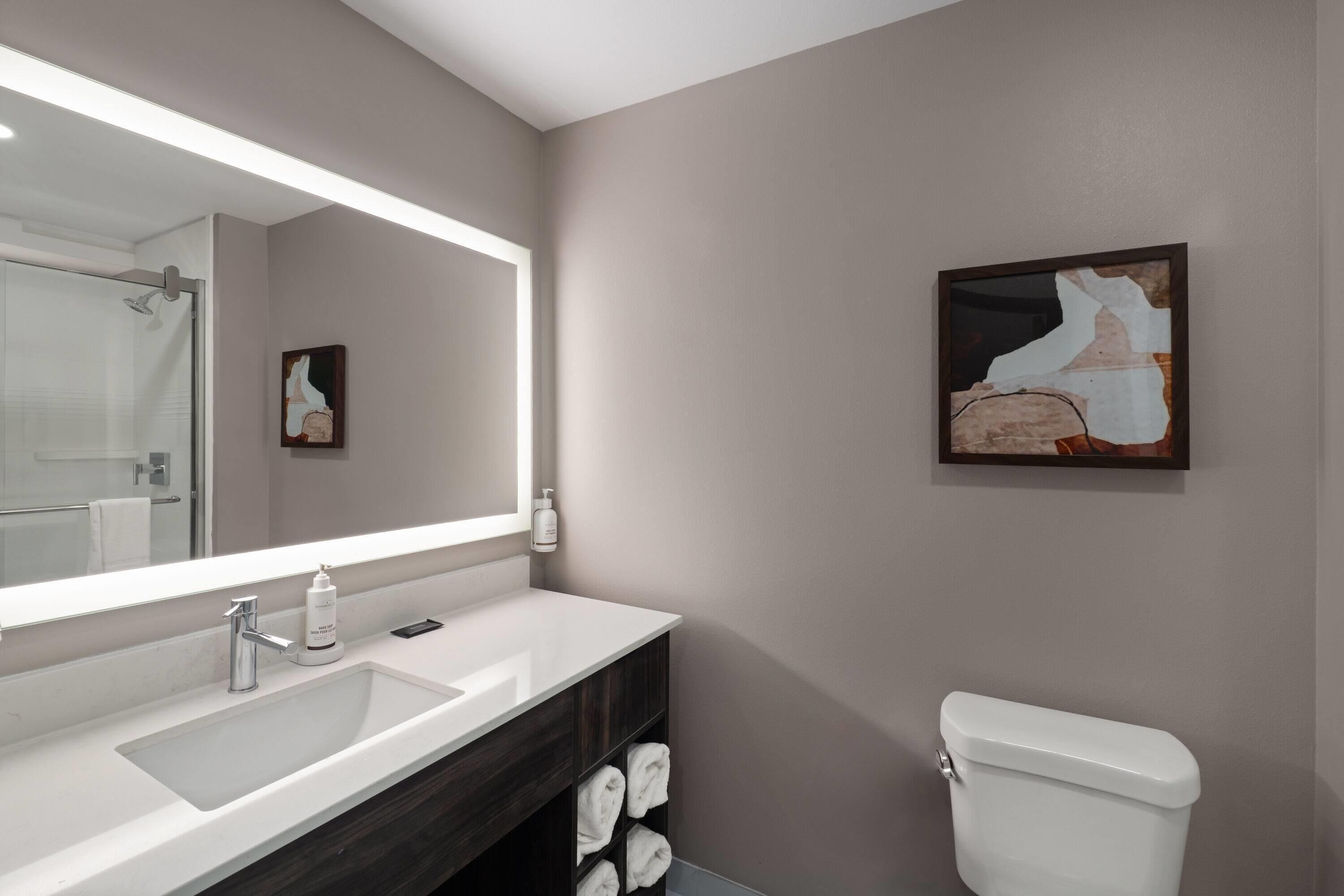 Une salle de bain avec un lavabo blanc, un grand miroir, des toilettes et une œuvre d’art encadrée accrochée au mur.