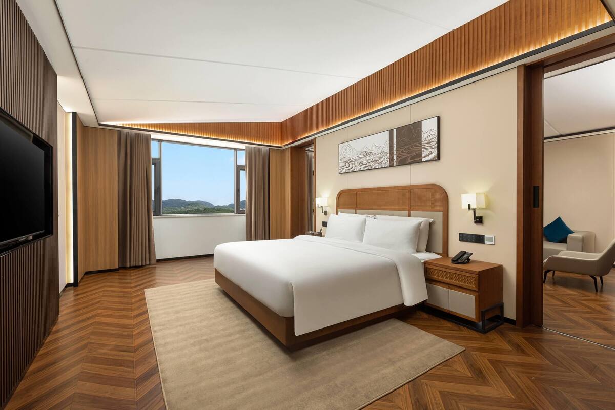 Una habitación de hotel moderna con una cama grande, un televisor de pantalla plana, una mesita de noche con lámpara y vistas al exterior.