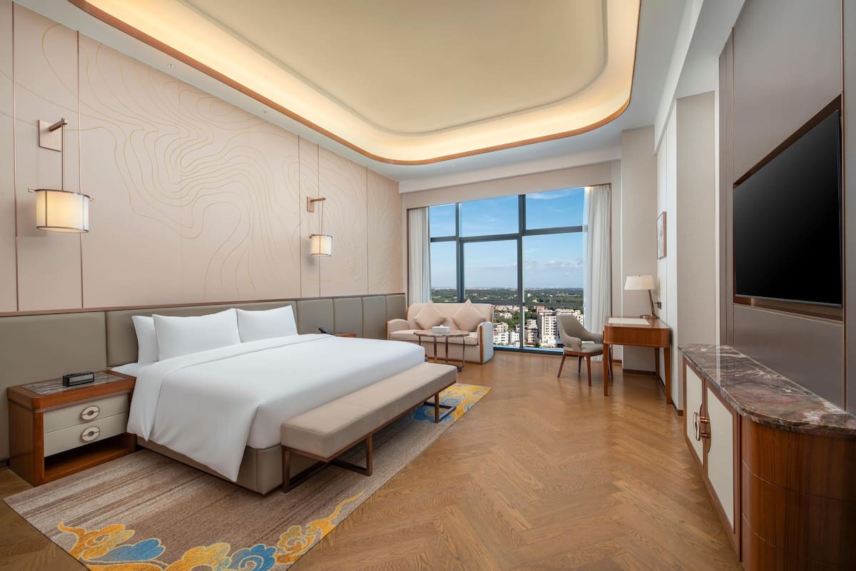 Una habitación de hotel moderna con una cama grande, un escritorio, un televisor y vistas a la ciudad.