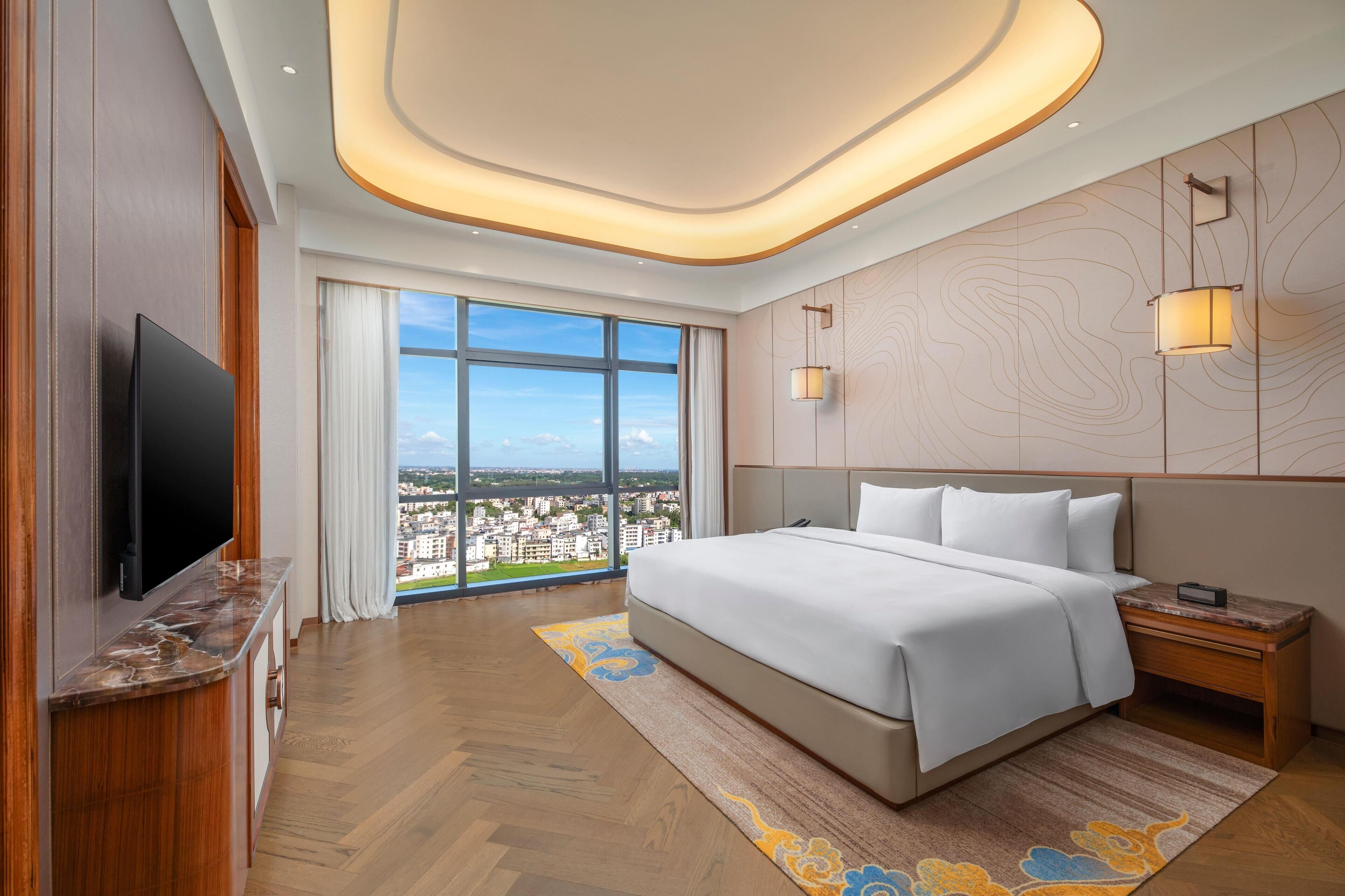 Habitación de hotel moderna con una cama grande, televisión de pantalla plana, vistas a la ciudad y un diseño de techo original.