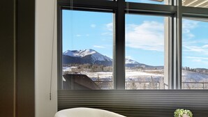Ein Zimmer mit großen Fenstern und Blick auf schneebedeckte Berge und einen klaren Himmel.