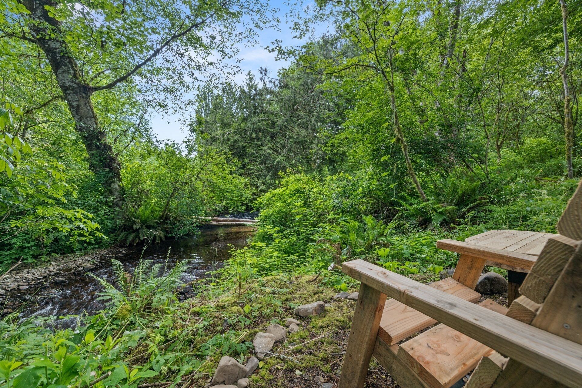 A wooden deck with a bench, surrounded by lush greenery and a small stream.