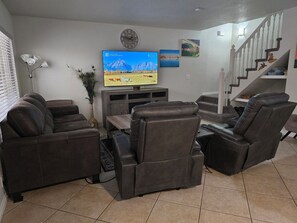 Smart TV, fireplace, DVD player, video library