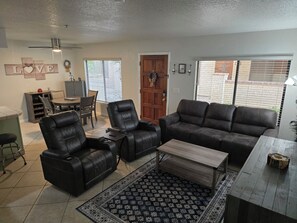 Smart TV, fireplace, DVD player, video library