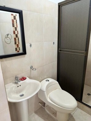 Shower, towels, toilet paper