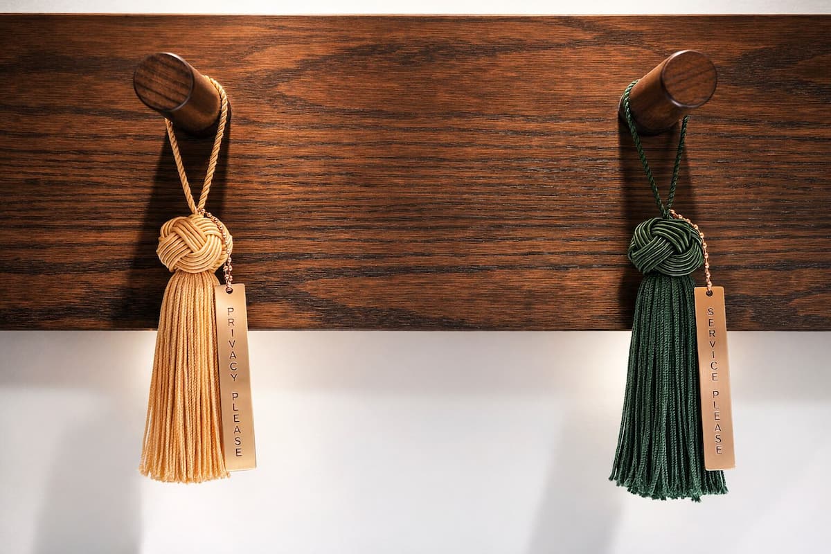 Deux objets en bois à accrocher au mur, ornés de glands et d’étiquettes indiquant la mention « Veuillez respecter ma vie privée ».