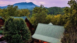 Un chalet doté d’un toit végétalisé, entouré d’arbres, avec une montagne en toile de fond.