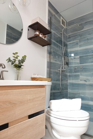 Sèche-cheveux, serviettes fournies, savon, shampoing