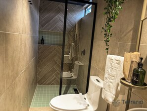 Chuveiro, secador de cabelo, toalhas de banho, sabonete