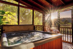 Indoor spa tub - Updated Log Cabin 3 mi from Gatlinburg, 2 Kings, View, Fire Table, Game Lounge (Gatlinburg)