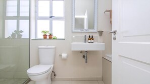 Hair dryer, towels, soap, shampoo