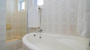 Hair dryer, towels, soap, shampoo